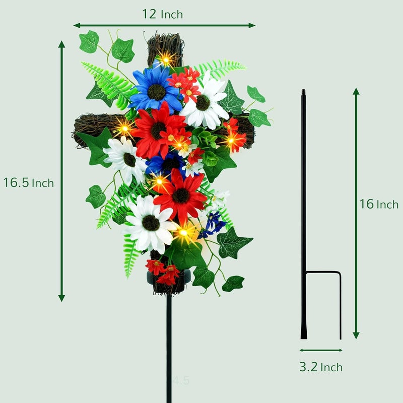 YULETIME Red White & Blue Garden Cross Stake, Solar Powered with Fairy Lights, Metal Cross, Natural Rattan, Red White & Blue Daisies Patriotic Theme Decoration - Image 4